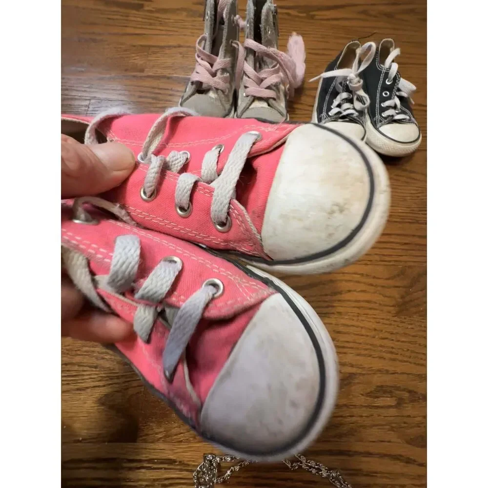 Converse Toddler Sneakers High Tops Girls Pink Polka Dot Gray Size 8 Lot (3)